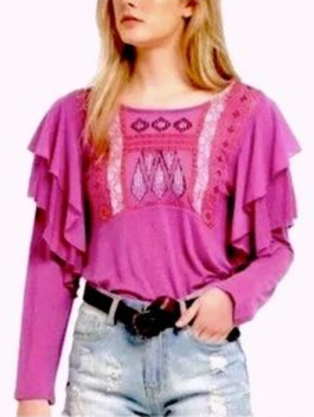 Free People Wisteria Embroidered Long Sleeve Top Size L